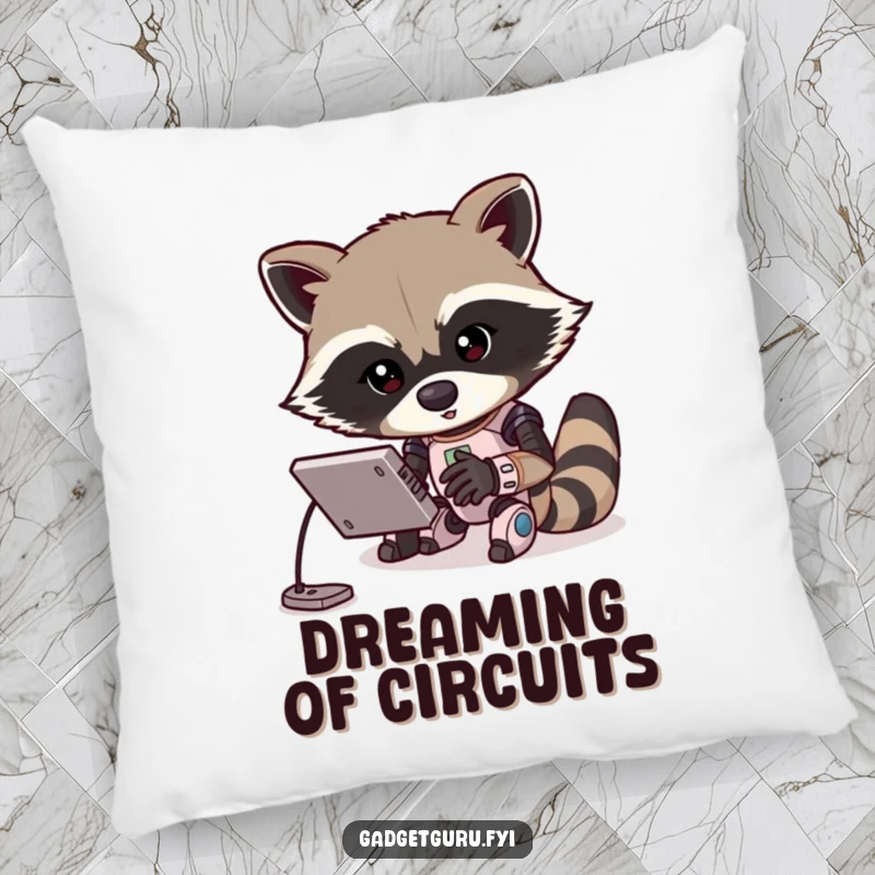 Funny pillow with a determined raccoon character energetically programming a small robot. A soft, comfortable, and humorous decorative item.