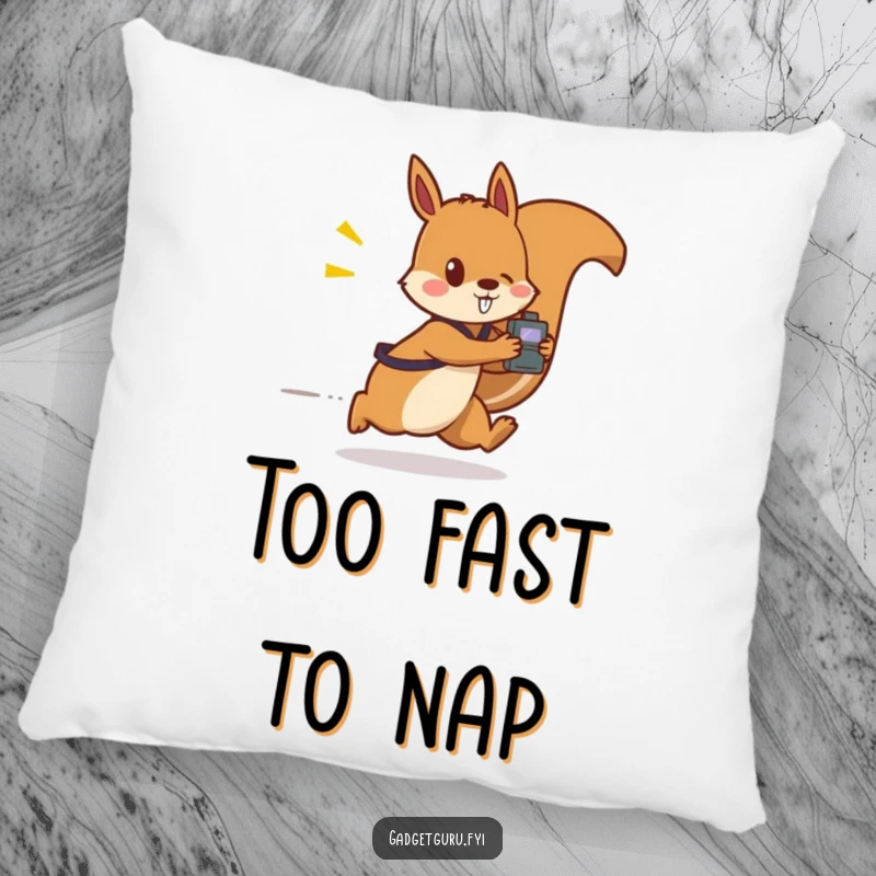 Funny pillow shows a speedy squirrel character holding a small, flashing gadget, adding comfort and a touch of high-tech humor.