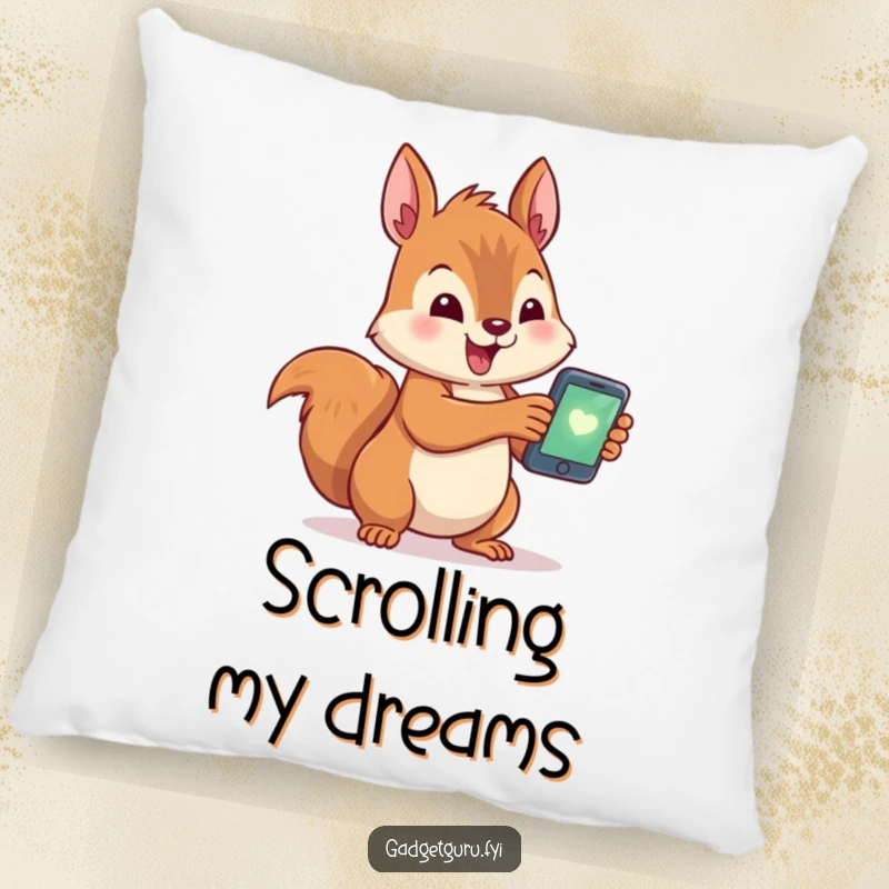 Funny pillow featuring a cute squirrel character excitedly holding a tiny, glowing smartphone, perfect for humorous and comfortable decor.