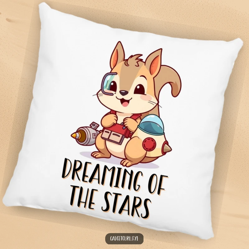 Funny pillow with a playful squirrel wearing a tool belt and tinkering with a small spaceship, perfect for adding comfort and inventive flair.