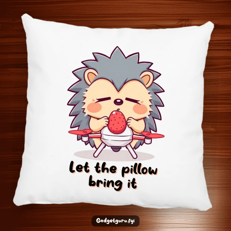 Funny Hedgehog Pillow: A sleepy hedgehog uses a tiny drone for berry delivery, providing soft comfort and a dose of gentle humor.