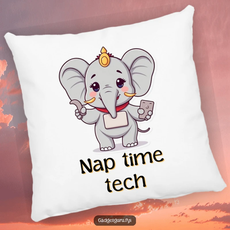 Funny pillow with a wise elephant character demonstrating a small, compact electronic device. A soft, comfortable, and humorous decorative item.