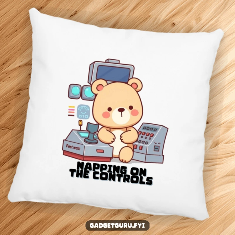 Funny pillow featuring a small, focused bear character operating a complex, blinking control panel, soft and comforting for tech lovers.