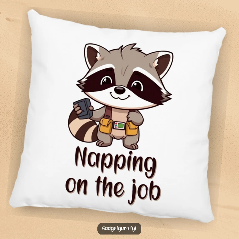 Funny Raccoon Decor Pillow: A soft, decorative pillow featuring a smiling raccoon character wearing a tool belt, ideal for sofas.