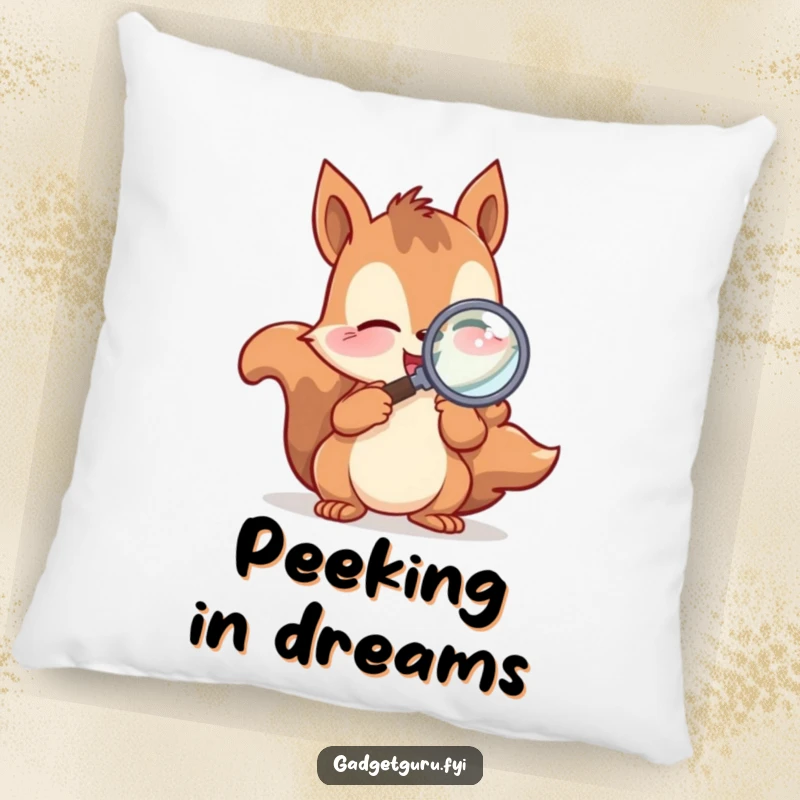 Funny Pillow featuring a playful squirrel character excitedly examining with a magnifying glass, offering comfort and a touch of nature.