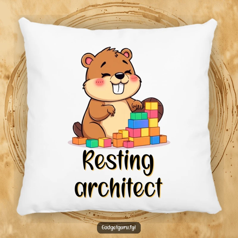 Funny pillow featuring a happy giggling beaver character building with small, glowing blocks, adding a touch of playful decor.