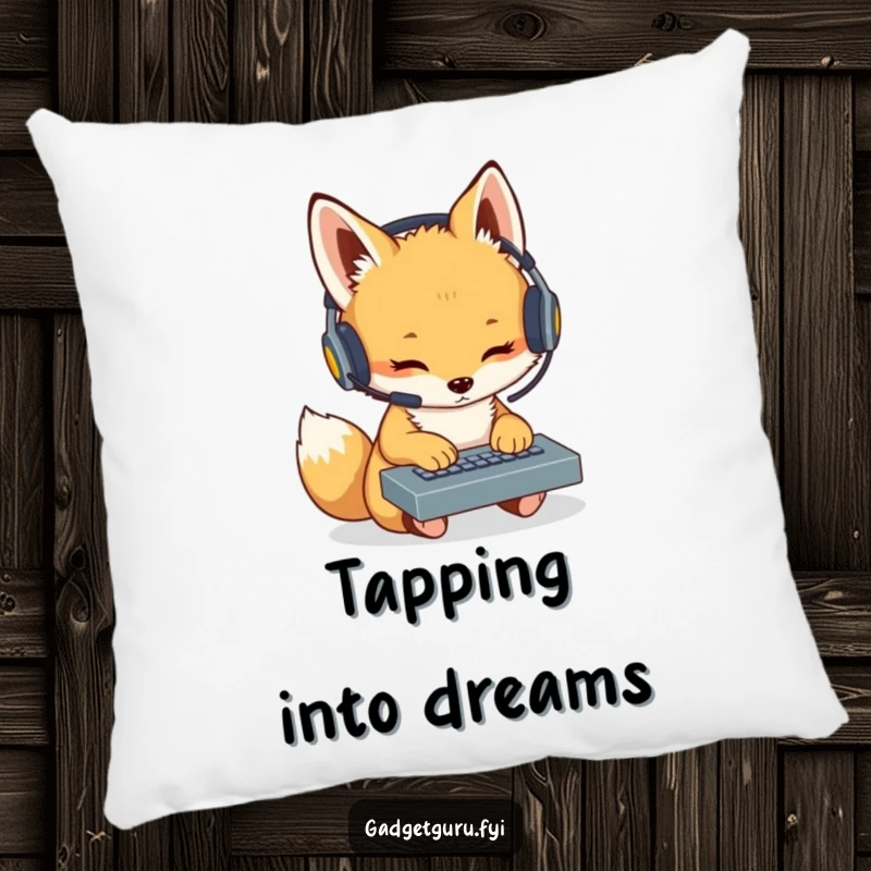 Funny Fox Cub Coder Pillow: A soft pillow featuring a cute fox cub with a headset intently tapping on a miniature keyboard, adding comfort.