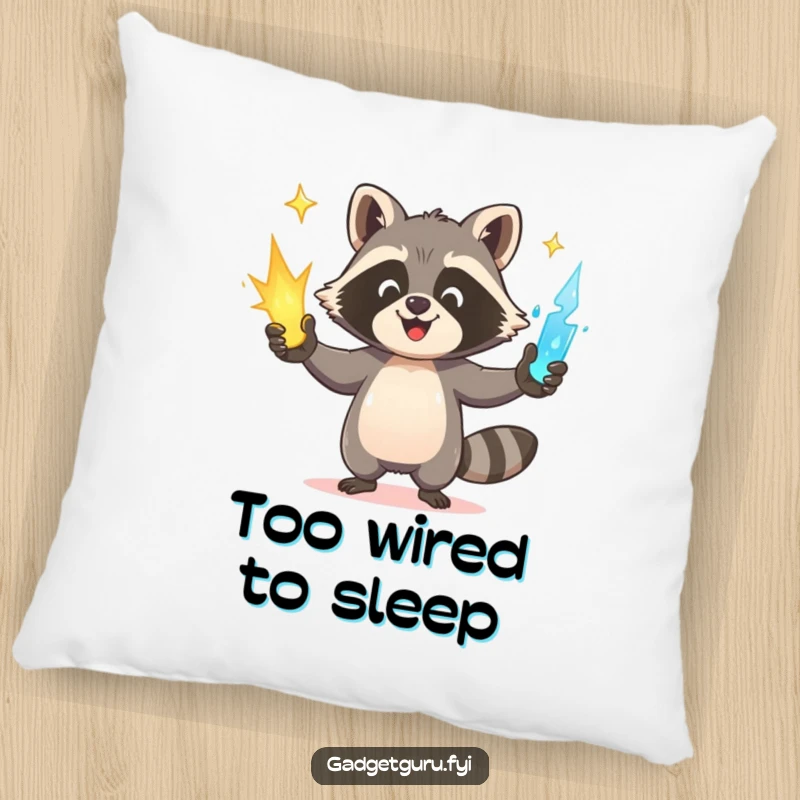 Funny Raccoon Pillow: A happy raccoon juggles glowing power sources, offering soft comfort and a playful energy.