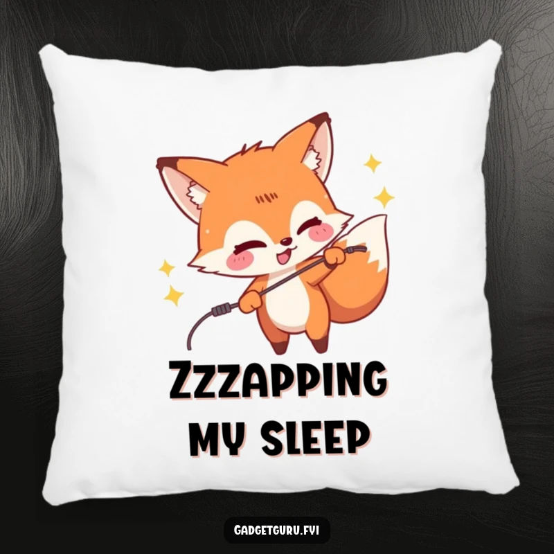 Funny pillow featuring a mischievous fox character playfully zapping a wire, perfect for humorous and comfortable decor.