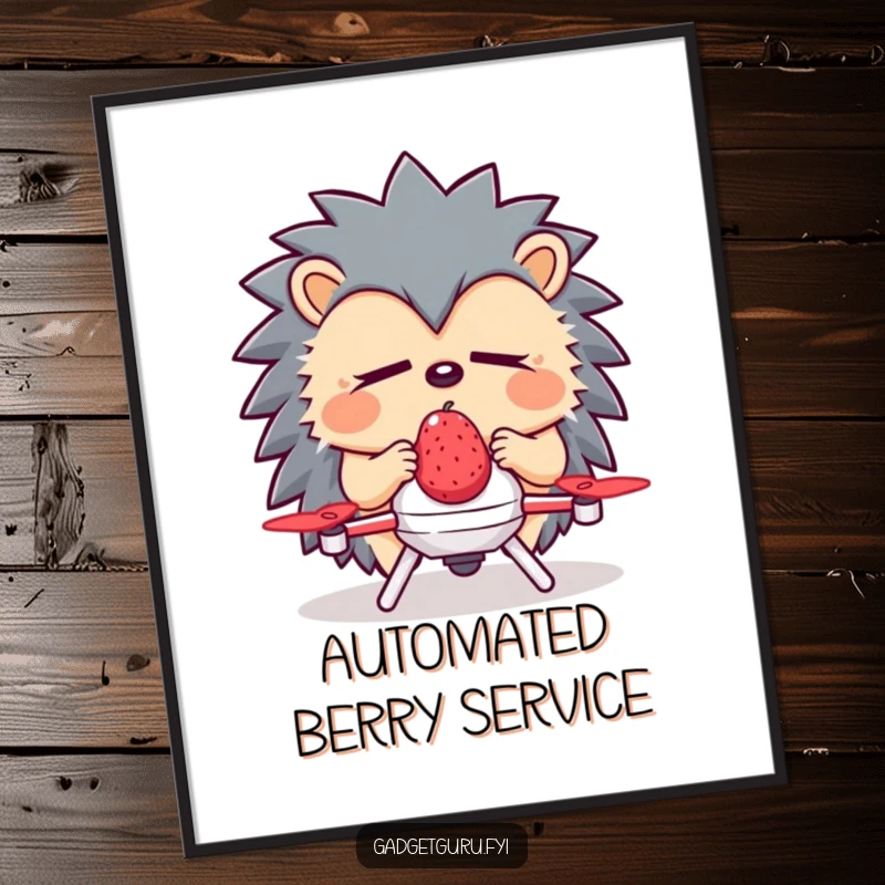 Funny Hedgehog Digital Art Print: A sleepy hedgehog utilizes a tiny drone for berry delivery, offering instant peaceful decor.