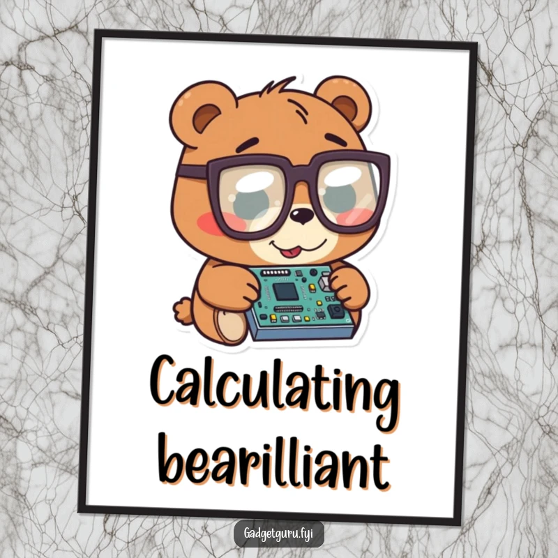 Funny bear character wearing oversized glasses, intently examining a tiny circuit board, high-quality digital art print.