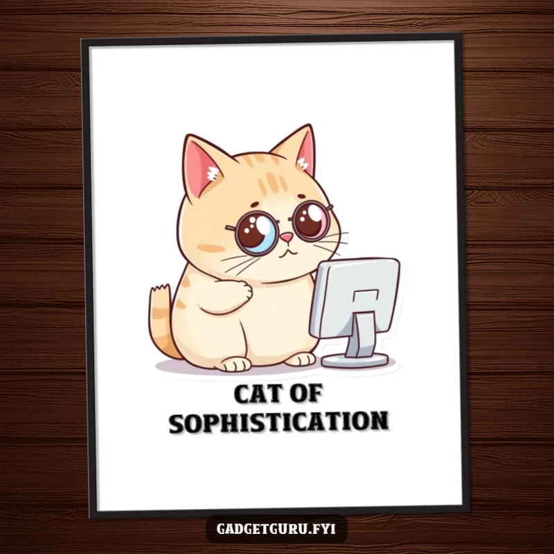 Funny cat digital art, a chubby cat with a monocle critically viewing a tiny computer screen, for instant decor.