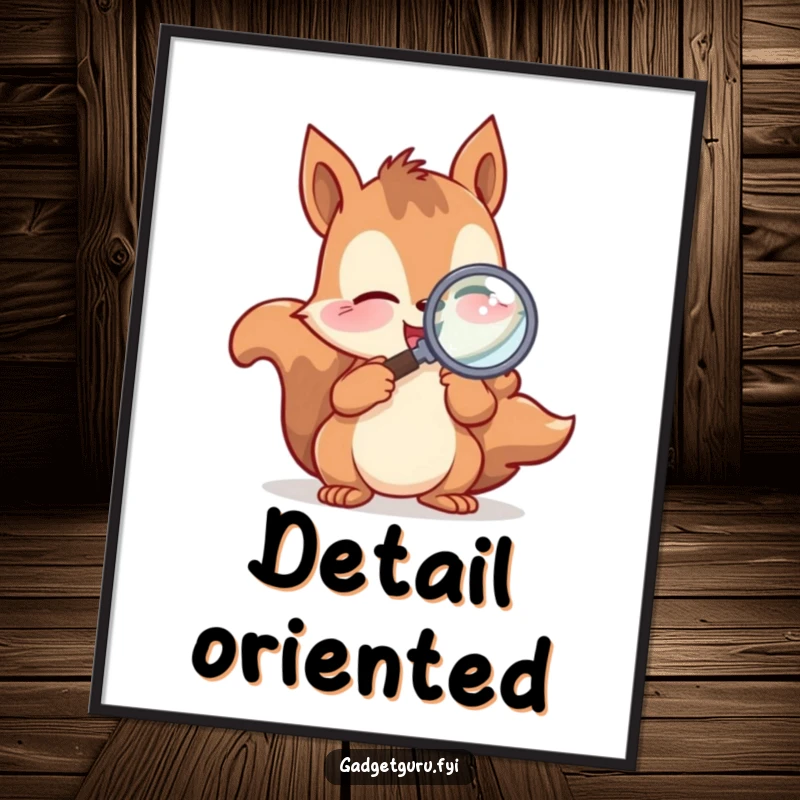 Funny Digital Art Print of a playful squirrel character excitedly examining with a magnifying glass, offering instant nature and whimsical decor.