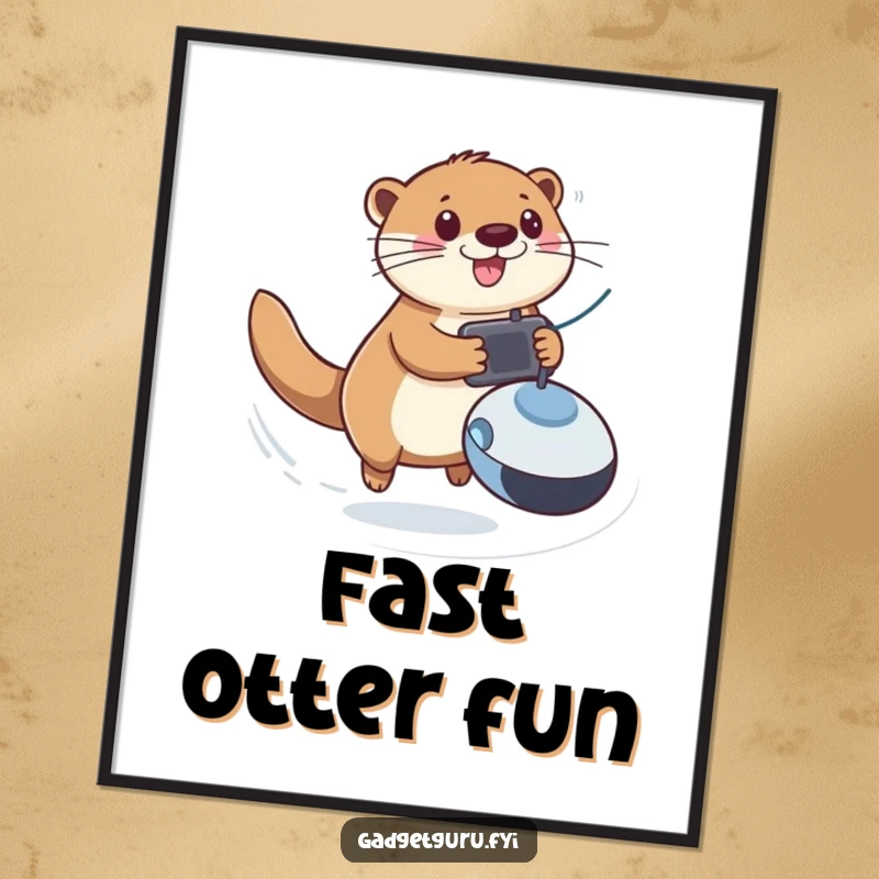 Funny digital art print of a playful otter zooming with a remote-controlled toy, offering instant energetic and fun wall decor.