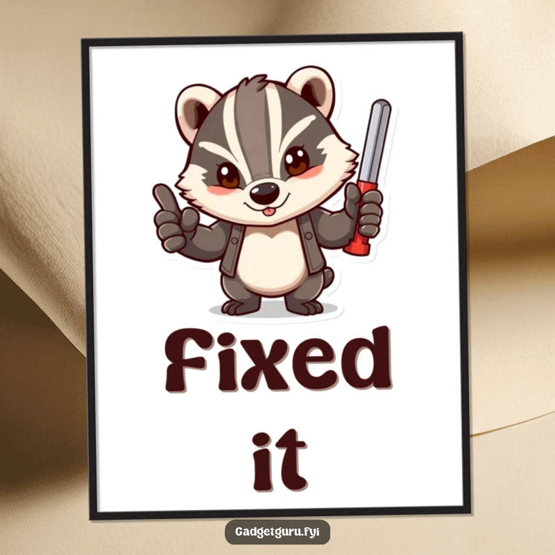 Funny digital art print of a determined badger giving a thumbs-up with a tool, offering instant motivational and DIY wall decor.