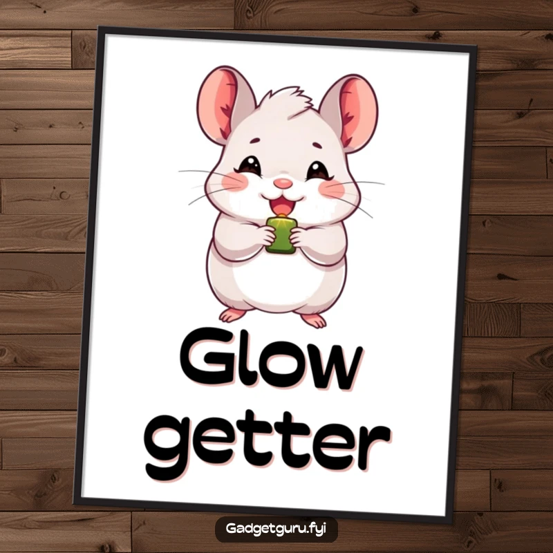 Funny chinchilla digital art print of a beaming character holding a blinking light, conveying pure happiness and bright energy.