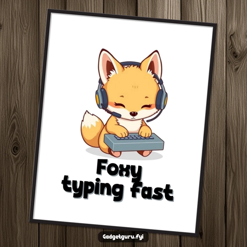 Funny Fox Cub Coder Digital Art: Humorous printable art of a fox cub wearing a headset intently typing on a miniature keyboard, perfect for decor.