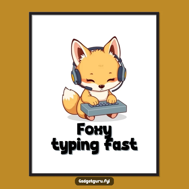 Funny Fox Cub Coder Digital Art: Headset Keyboard Print