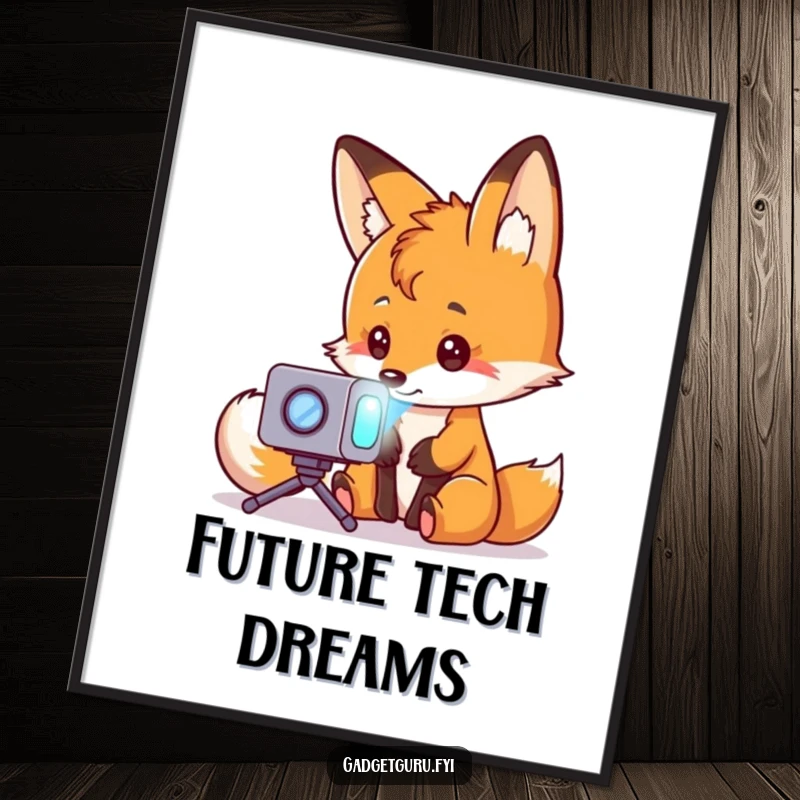 Funny fox character mesmerized by a miniature holographic projector, a digital art print capturing innovation and humor.