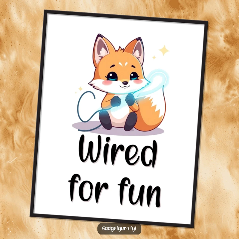 Funny fox digital art print of a playful character experimenting with glowing wires, ideal for instant electric decor.