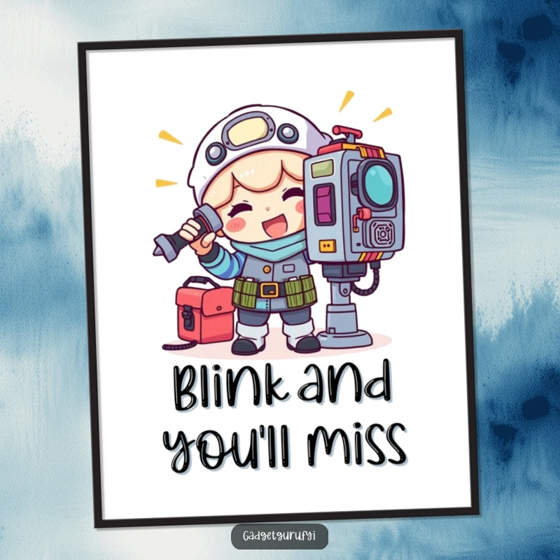 Funny digital art print of a cheerful gadget tinkerer character with tools adjusting a blinking light on a complex gadget.