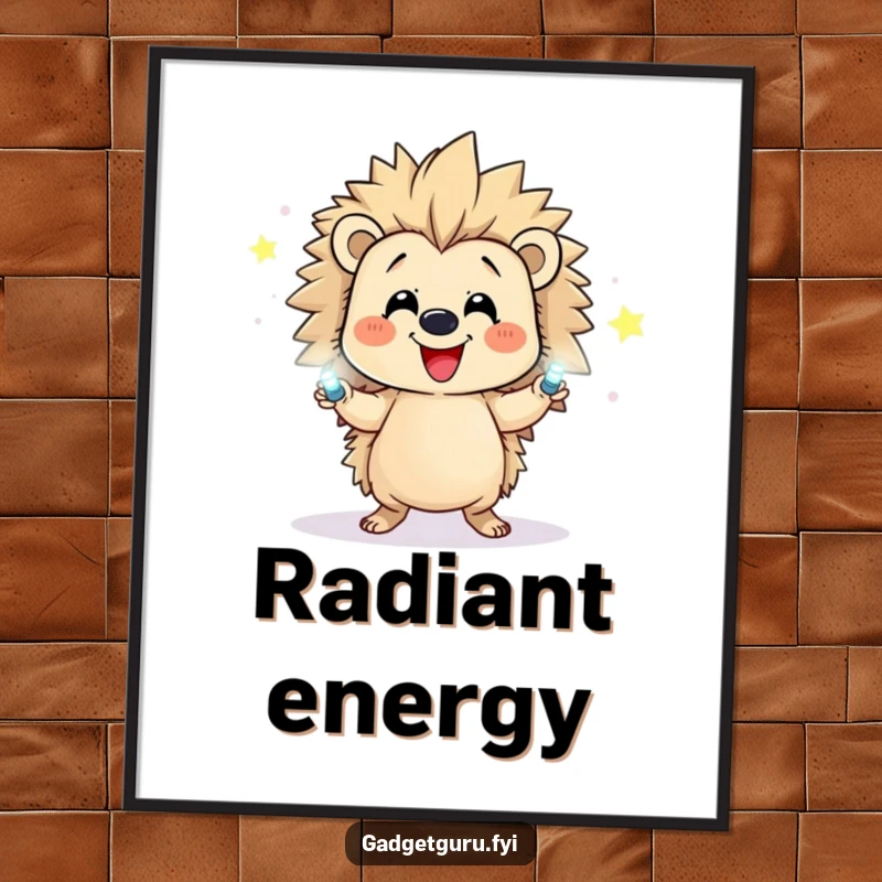 Funny digital art print of a happy hedgehog character skillfully juggling multiple small, brightly flashing LEDs.