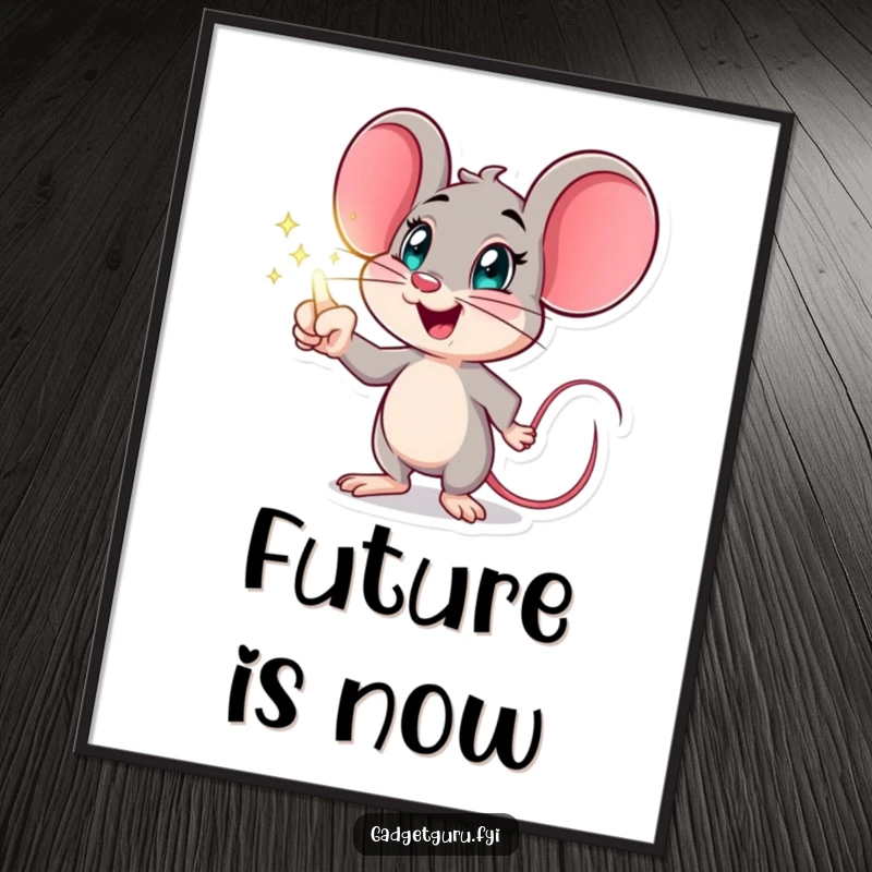 Funny mouse digital art print of an excited character pointing at a holographic display, offering instant humorous futuristic decor.