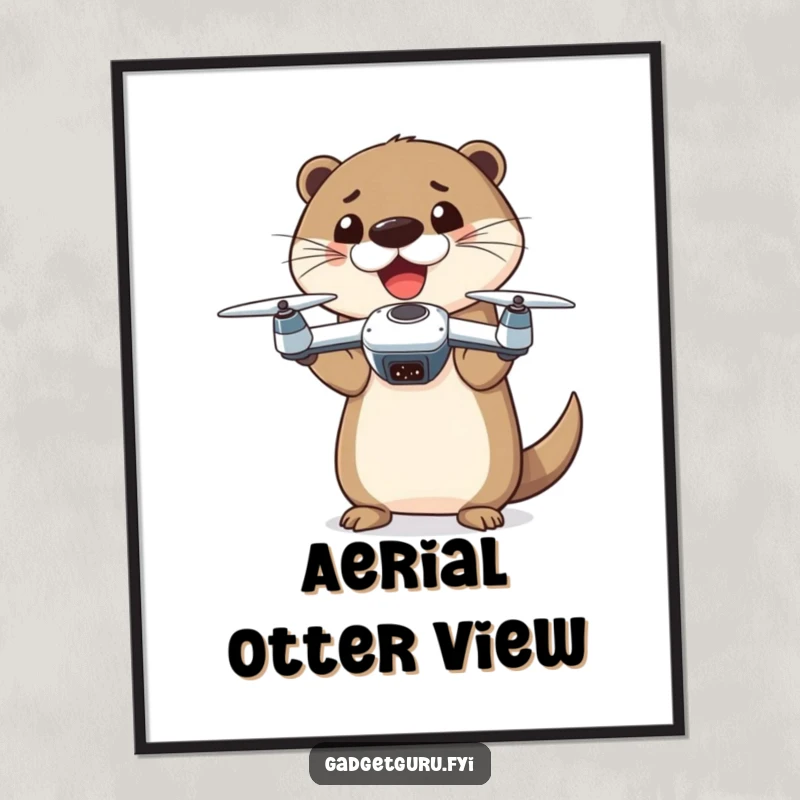 Funny otter character excitedly showing off a tiny drone, a digital art print capturing playful tech enthusiasm.