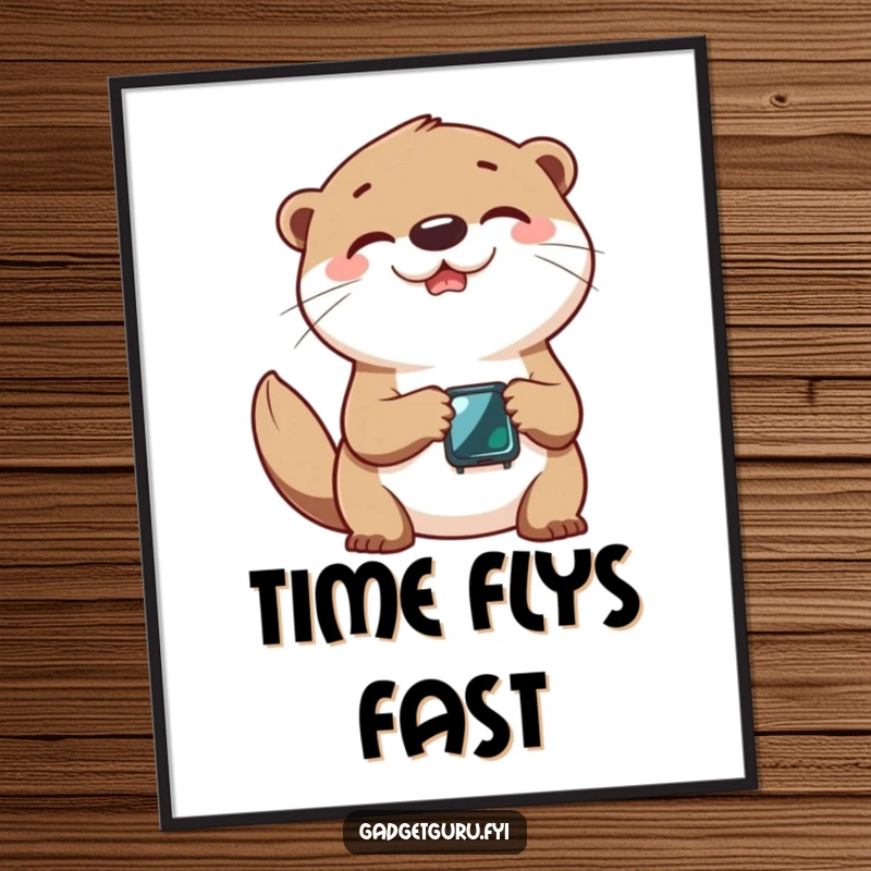 Funny digital art print of a cheerful otter character joyfully interacting with a tiny smartwatch.