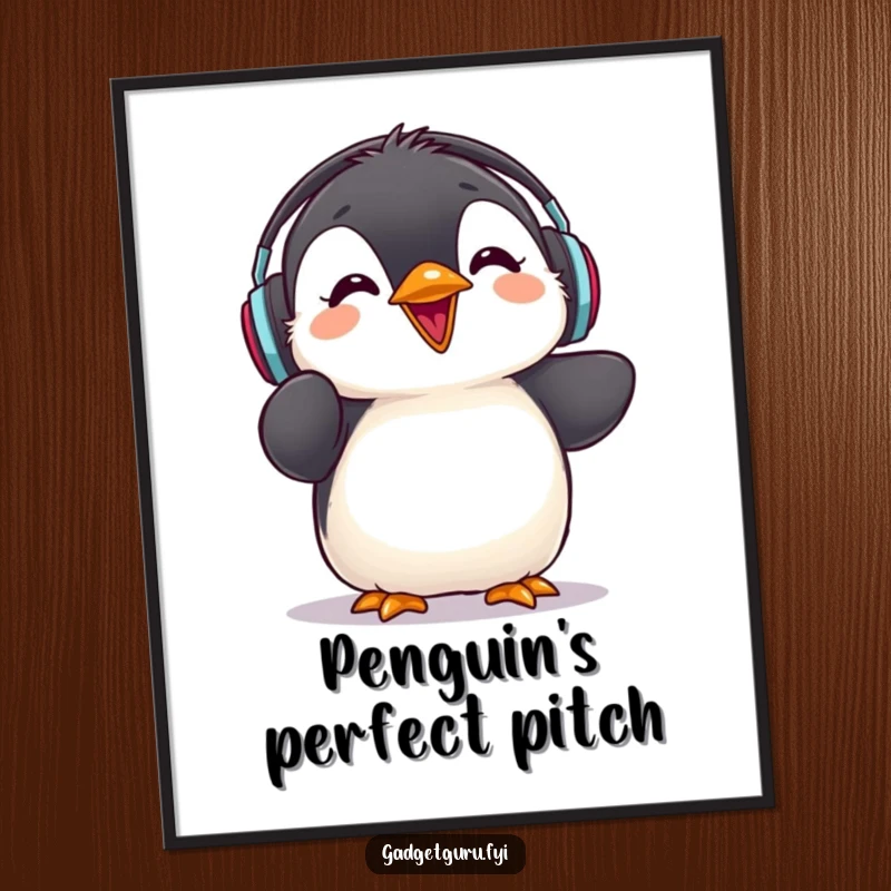 Funny penguin chick digital art, wearing headphones and giving a rave review, for instant, joyful decor.