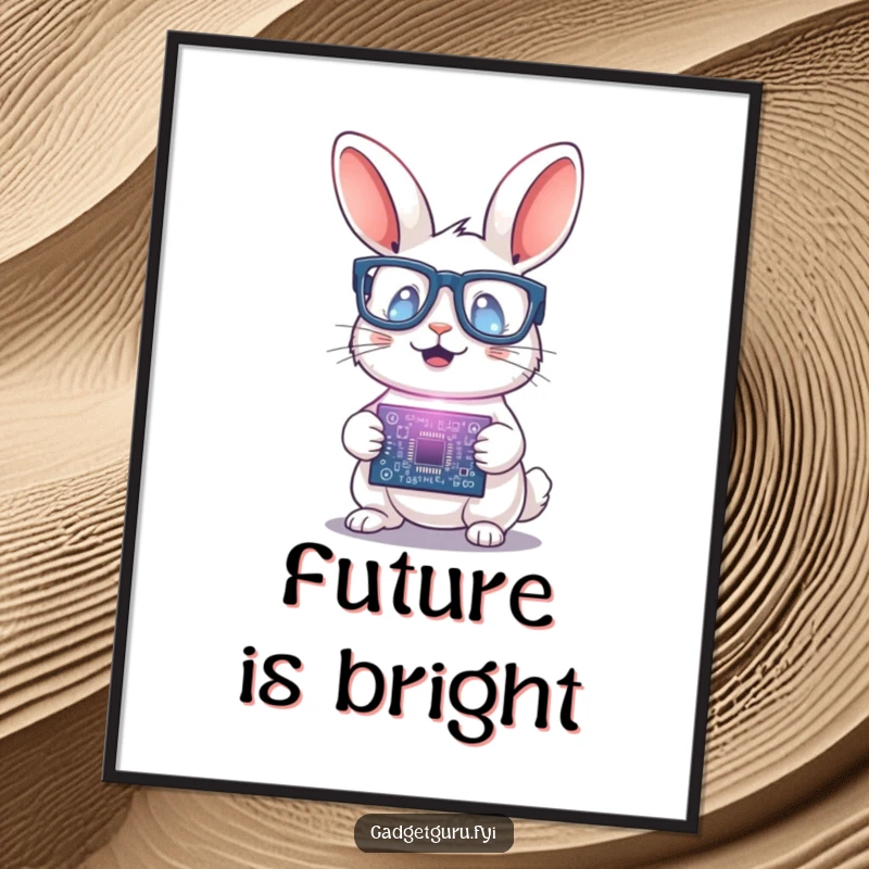 Funny Rabbit Scientist Digital Art: Humorous printable art of a rabbit wearing glasses excitedly holding a glowing circuit board, perfect for decor.