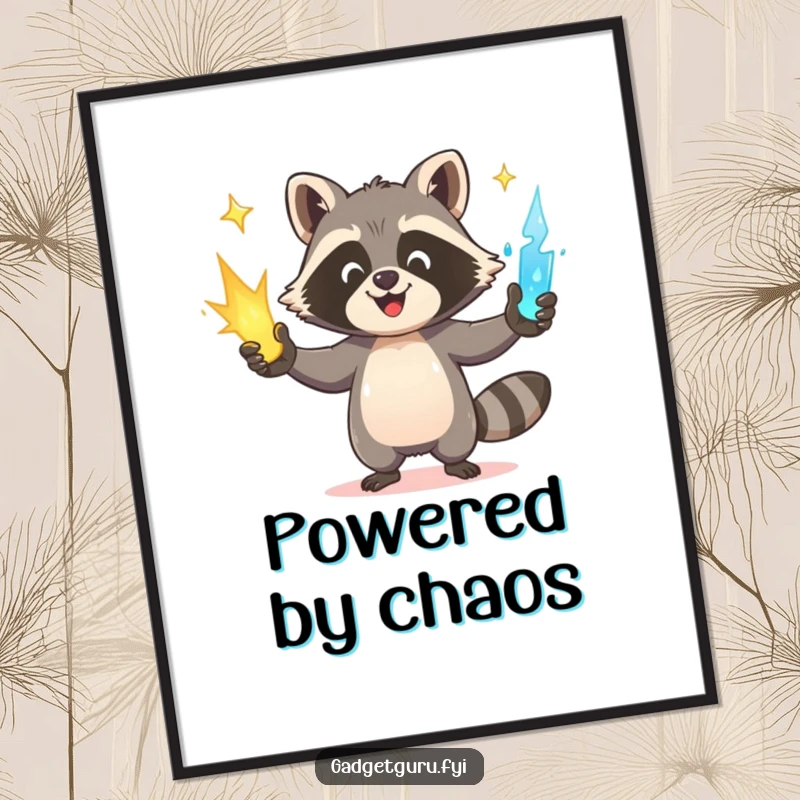 Funny Raccoon Digital Art Print: A happy raccoon juggles three glowing power sources, offering instant visual excitement.