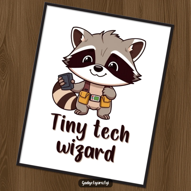 Funny Raccoon Mechanic Digital Art Print: A humorous illustration of a smiling raccoon with a tool belt, ready for download.