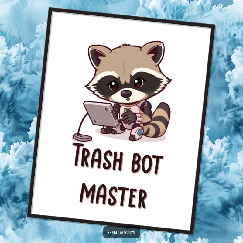 Funny digital art print of a determined raccoon character energetically programming a miniature robot. Dynamic and humorous wall art for tech lovers.