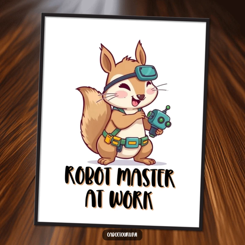 Funny Squirrel Mechanic Digital Art: Humorous printable art of a squirrel wearing a tool belt enthusiastically tinkering with a tiny robot, perfect for decor.