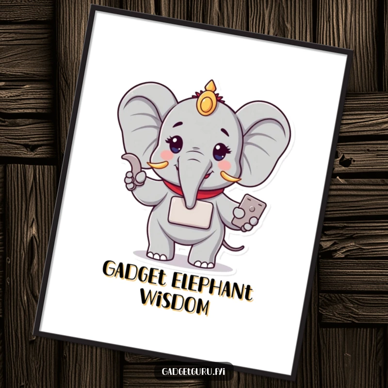 Funny digital art print of a wise elephant character demonstrating a compact new electronic device. Intelligent and humorous wall art.