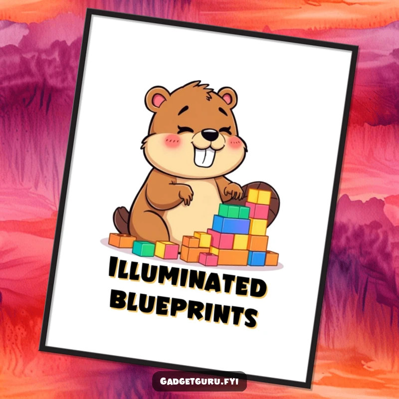 Funny digital art print of a giggling beaver character enthusiastically building with small, bright glowing blocks, full of character.