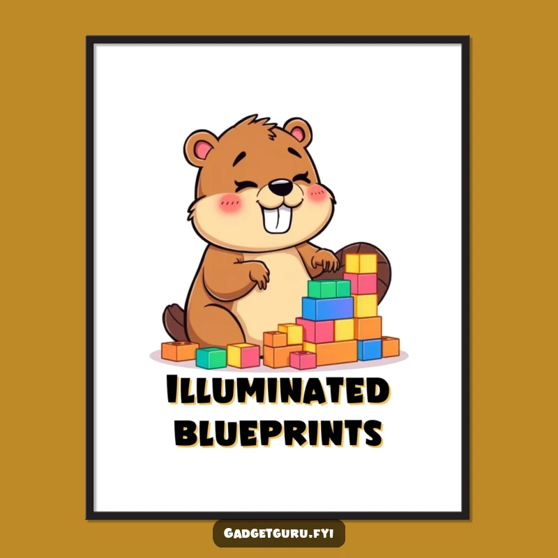 Funny Beaver Digital Art Print: Giggling Builder With Glowing Blocks
