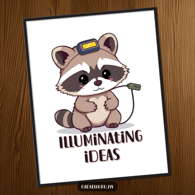 Funny digital art print of a tiny raccoon character wearing a headlamp, intently examining a small wire.