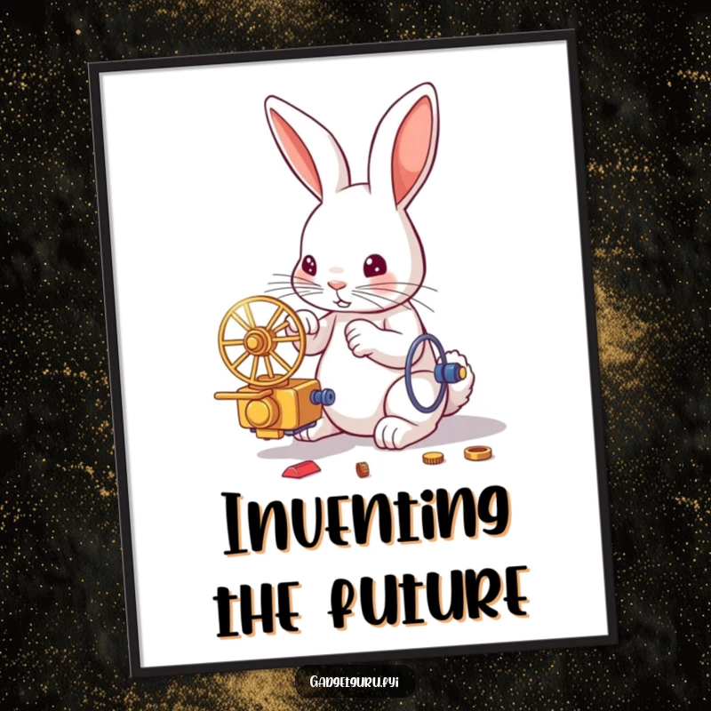 Funny digital art print of a focused rabbit with tools, building a miniature, intricate contraption, ideal for creative and techy spaces.