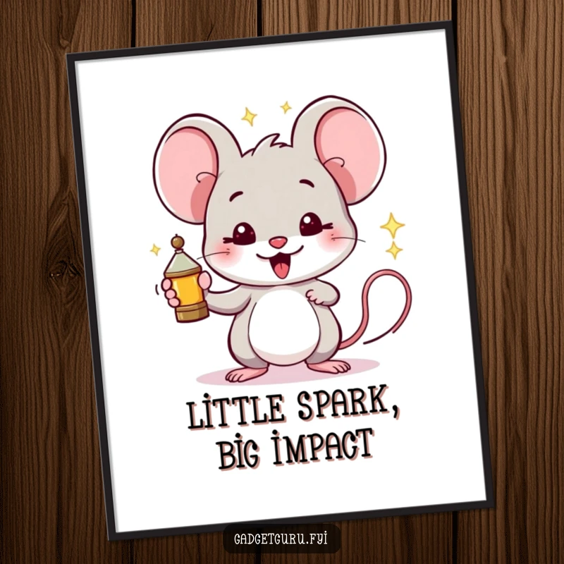 Funny Mouse Digital Art Print: A proud mouse holds a miniature, sparking invention, offering instant creative flair.