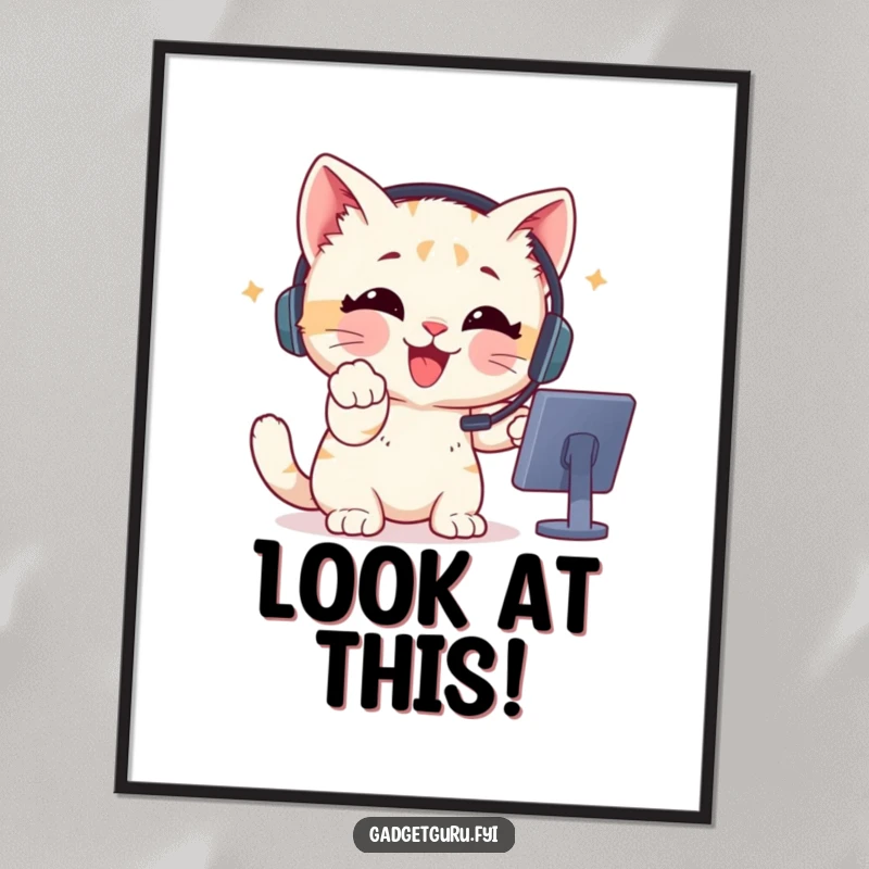 Funny Digital Art Print of a delighted kitten wearing a headset, enthusiastically pointing at a screen.