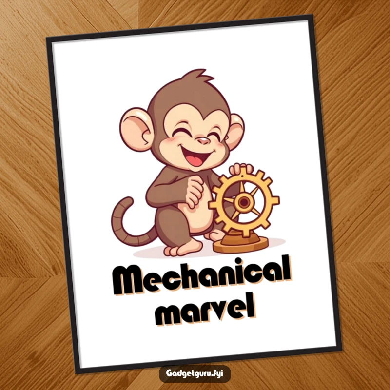 Funny monkey character joyfully tinkering with a whirring gear, a digital art print capturing mechanical fun and artistry.