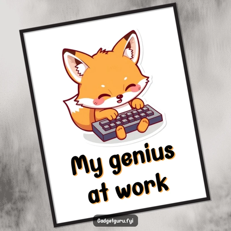 Funny Kawaii Fox Digital Art Print: High-resolution printable art of a kawaii fox typing intensely, perfect for tech-themed home or office decor.