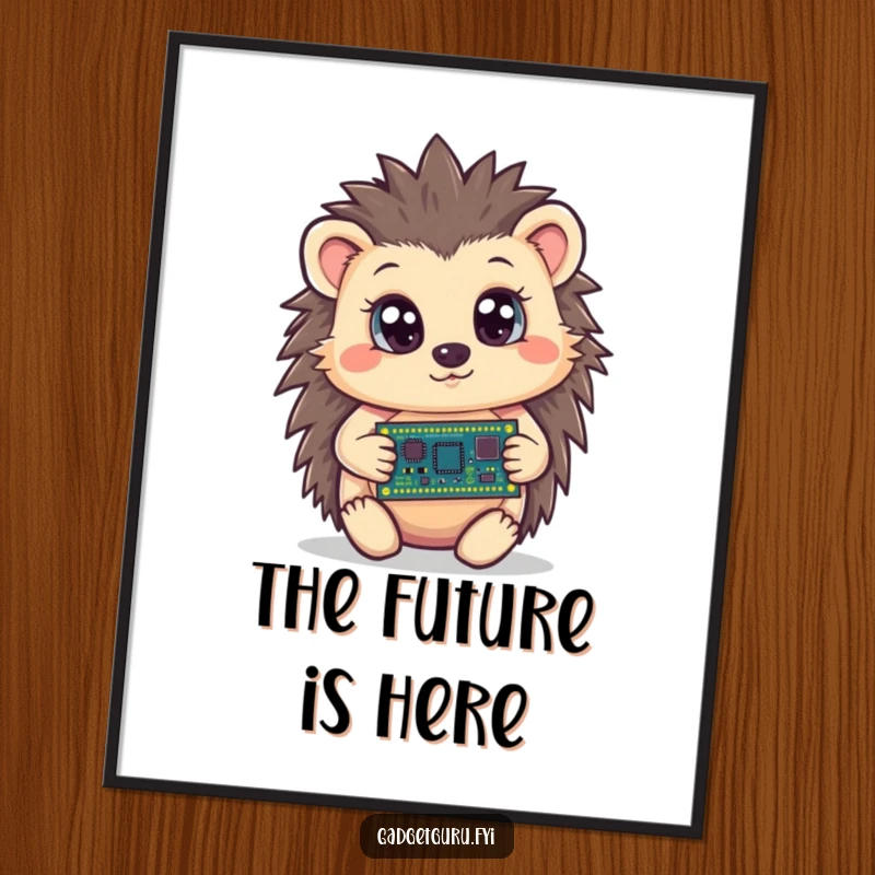 Funny hedgehog digital art print of a curious character holding a tiny circuit board with wide eyes, offering instant humorous tech decor.