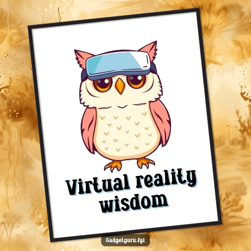 Funny owl character wearing tiny VR goggles, a digital art print capturing the fun of virtual reality.