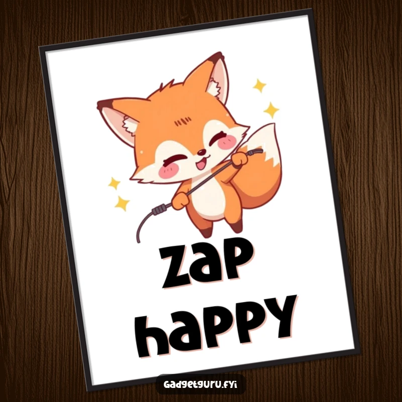 Funny digital art print of a mischievous fox character playfully zapping a wire, creating sparks and embodying humorous energy.