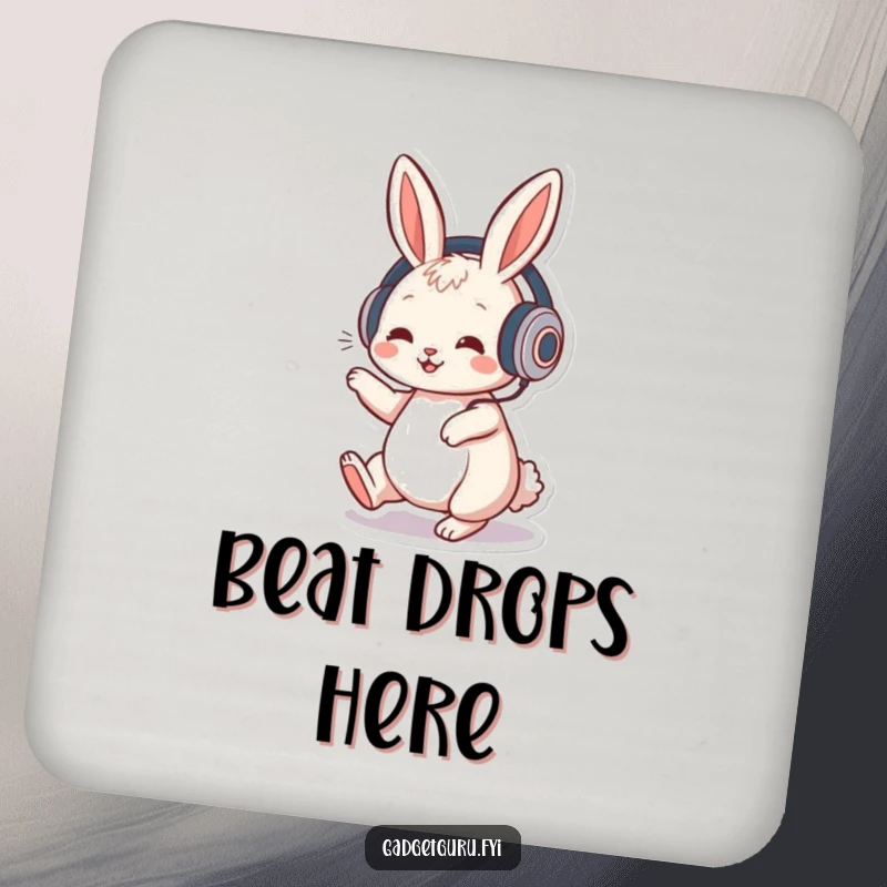 Funny drink coaster showing a playful rabbit character wearing headphones and tapping its foot to a musical beat.