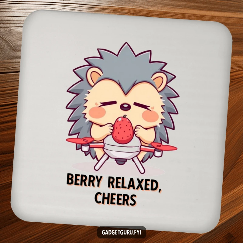 Funny Hedgehog Coaster: A sleepy hedgehog uses a tiny drone to deliver a berry, safeguarding surfaces with gentle charm.