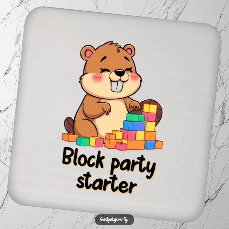 Funny drink coaster displaying a giggling beaver character enthusiastically building with tiny, glowing construction blocks.